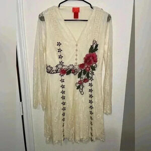 V Cristina Long Sleeve Lace Floral Embroidered Mini Dress Womens Size Small